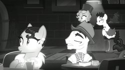 Size: 1702x957 | Tagged: safe, screencap, betty hoof, cleopatra jazz, marelene dietrot, pony, g4, season 9, sparkle's seven, background pony, bar, card, clothes, dress, female, grayscale, hat, hoof hold, looking at someone, male, mare, monochrome, noir, playing card, stallion, surprised