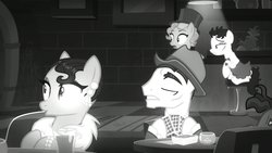 Size: 1702x957 | Tagged: safe, screencap, betty hoof, cleopatra jazz, flint carnation, marelene dietrot, pony, g4, season 9, sparkle's seven, background pony, bar, card, clothes, dress, female, grayscale, hat, hoof hold, looking at someone, male, mare, monochrome, noir, playing card, stallion, surprised