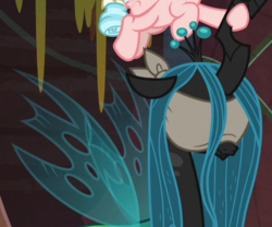 Size: 533x443 | Tagged: safe, screencap, cozy glow, queen chrysalis, changeling, changeling queen, pegasus, pony, frenemies (episode), g4, blindfold, cropped, female, filly, solo focus