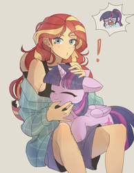 Size: 1400x1800 | Tagged: safe, artist:tcn1205, sci-twi, sunset shimmer, twilight sparkle, alicorn, human, pony, equestria girls, g4, cute, duo, exclamation point, eyes closed, female, holding a pony, human on pony petting, humanized, implied lesbian, implied scitwishimmer, implied shipping, implied sunset twiangle, implied sunsetsparkle, lesbian, looking at you, petting, pony coloring, ship:sci-twishimmer, ship:sunset twiangle, ship:sunsetsparkle, shipping, sitting on lap, twiabetes, twilight sparkle (alicorn), twolight