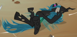 Size: 612x296 | Tagged: safe, screencap, lord tirek, queen chrysalis, changeling, changeling queen, frenemies (episode), g4, blindfold, cropped, female, solo focus
