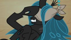 Size: 1920x1080 | Tagged: safe, screencap, queen chrysalis, changeling, changeling queen, frenemies (episode), g4, blindfold, female, lying down, on back, solo