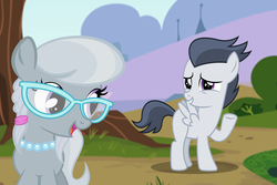 Size: 1800x1200 | Tagged: safe, artist:fruft, artist:ktd1993, artist:lumorn, rumble, silver spoon, pony, g4, colt, dirt road, female, filly, foal, glasses, jewelry, male, necklace, nervous, nervous smile, pearl necklace, rumblespoon, shipping, smiling, tree