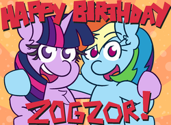 Size: 1300x950 | Tagged: safe, artist:threetwotwo32232, rainbow dash, twilight sparkle, pegasus, pony, unicorn, g4, birthday, duo, female, mare, text, unicorn twilight