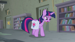 Size: 1920x1080 | Tagged: safe, screencap, twilight sparkle, alicorn, pony, g4, the point of no return, book, bookshelf, female, mare, saddle bag, solo, twilight sparkle (alicorn)