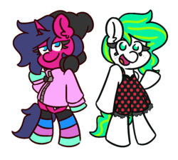Size: 950x850 | Tagged: safe, artist:threetwotwo32232, oc, oc only, oc:fizzy pop, oc:mints, earth pony, pony, unicorn, clothes, dress, female, hoodie, looking at you, mare, simple background, socks, striped socks, transparent background