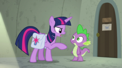 Size: 1920x1080 | Tagged: safe, screencap, spike, twilight sparkle, alicorn, dragon, pony, g4, the point of no return, saddle bag, twilight sparkle (alicorn), winged spike, wings
