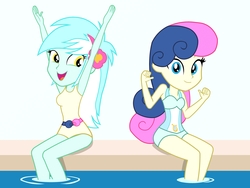 Size: 2048x1536 | Tagged: safe, artist:draymanor57, derpibooru exclusive, bon bon, lyra heartstrings, sweetie drops, equestria girls, g4, i'm on a yacht, my little pony equestria girls: better together, clothes, female, matching outfits, one-piece swimsuit, poolside, simple background, swimsuit, vector, white background