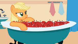 Size: 1280x720 | Tagged: safe, artist:forgalorga, applejack, earth pony, pony, everypony is strange, g4, apple, bath, bathing, bathtub, female, food, mare, show accurate, solo, that pony sure does love apples