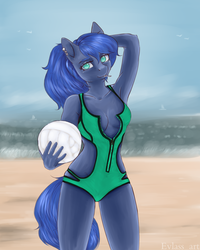 Size: 1200x1500 | Tagged: safe, artist:evlass, princess luna, alicorn, earth pony, anthro, g4, armpits, breasts, cleavage, female, missing horn, solo, summer, wingless, wingless anthro, ych example, your character here