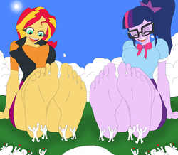 Size: 2024x1763 | Tagged: safe, artist:final7darkness, sci-twi, sunset shimmer, twilight sparkle, equestria girls, g4, barefoot, clothes, feet, fetish, foot fetish, foot focus, giantess, glasses, lucky, macro, massage, size difference, tickling