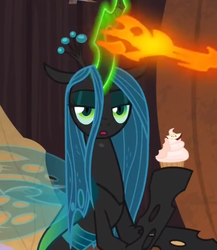 Size: 516x594 | Tagged: safe, screencap, queen chrysalis, changeling, changeling queen, frenemies (episode), g4, concave belly, cropped, cupcake, female, food, glowing horn, horn, lanky, magic drain, magic theft, skinny, solo, tall, thin