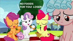 Size: 1280x720 | Tagged: safe, edit, edited screencap, screencap, apple bloom, cozy glow, scootaloo, sweetie belle, pegasus, pony, g4, marks for effort, abuse, alternate ending, belly, bully, bullying, cozybuse, cutie mark crusaders, engrish, engrish in the description, female, filly, out of character, picnic, picnic blanket, sad, this will end in school shooting