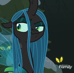 Size: 716x704 | Tagged: safe, screencap, queen chrysalis, changeling, changeling queen, frenemies (episode), g4, cropped, eyes in the dark, faic, female, smug, solo