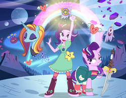 Size: 1000x774 | Tagged: safe, artist:pixelkitties, sassy saddles, starlight glimmer, equestria girls, g4, crossover, epic, eyes closed, heart, horns, kelly sheridan, lidded eyes, looking at you, magic, magic wand, planet, rainbow, saddle bag, smiling, star vs the forces of evil, stars, sword, wand, weapon