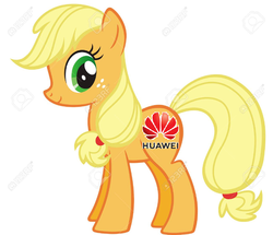 Size: 1300x1116 | Tagged: artist needed, safe, edit, applejack, oc, oc:huaweijack, earth pony, pony, g4, 1000 hours in ms paint, 123rf, female, freckles, green eyes, grin, huawei, logo, missing hat, needs more jpeg, nightmare fuel, obtrusive watermark, scary, simple background, smiling, solo, wat, watermark, white background