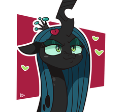 Size: 1650x1454 | Tagged: safe, artist:lou, queen chrysalis, changeling, changeling queen, g4, abstract background, bust, crown, cute, cutealis, female, hair accessory, hairclip, heart, jewelry, portrait, regalia, solo