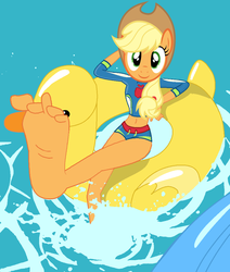 Size: 916x1080 | Tagged: safe, edit, edited screencap, editor:sonic ranger, screencap, applejack, humanoid, anthro, pony head on human body, equestria girls, g4, i'm on a yacht, my little pony equestria girls: better together, applejack's hat, barefoot, base used, belly button, clothes, cowboy hat, feet, female, flutterfeet, foot focus, hat, midriff, pony face, soles, solo, swimsuit, wiggling toes