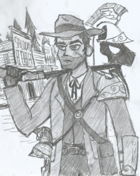 Size: 1056x1328 | Tagged: safe, artist:newman134, oc, oc only, human, pegasus, pony, equestria girls, g4, 19th century, armor, cowboy hat, gun, hat, helmet, humanized, monochrome, oc living in a different time period, pencil drawing, rifle, royal legion, scar, silhouette, traditional art, weapon, western