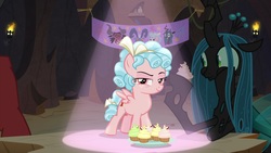 Size: 1920x1080 | Tagged: safe, screencap, cozy glow, grogar, lord tirek, queen chrysalis, changeling, changeling queen, pegasus, pony, frenemies (episode), g4, banner, better way to be bad, cupcake, eating, female, filly, food