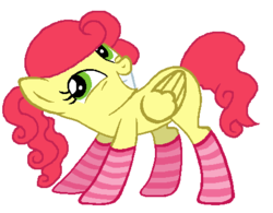 Size: 458x358 | Tagged: safe, artist:beanbases, artist:pinkie3212, strawberry sunrise, pegasus, pony, g4, alternate hairstyle, base used, clothes, female, grin, mare, missing cutie mark, simple background, smiling, socks, solo, striped socks, white background