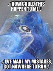 Size: 780x1040 | Tagged: safe, editor:apex soundwave, photographer:apex soundwave, princess luna, alicorn, pony, g4, caption, female, how could this happen to me, image macro, impact font, irl, mare, meme, messy mane, photo, plushie, simple plan, solo, song reference, text, ty, untitled (song)