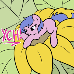 Size: 2100x2100 | Tagged: safe, artist:lannielona, pony, advertisement, commission, flower, high res, leaf, prone, relaxing, solo, sunflower, tired, your character here