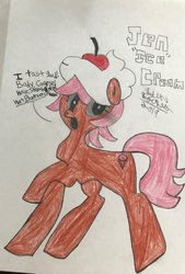 Size: 1384x2048 | Tagged: safe, artist:theanimefanz, oc, oc only, oc:jen cream, pony, dialogue, hat, traditional art, updated
