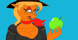 Size: 1280x656 | Tagged: safe, artist:georgieganarf, applejack, earth pony, anthro, g4, 1000 hours in ms paint, apple, bandana, blue background, breasts, busty applejack, cleavage, eyeshadow, food, licking, licking lips, looking at you, makeup, simple background, tongue out, wrong eye color, yellow eyes