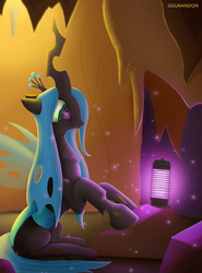 Size: 2876x3887 | Tagged: safe, artist:foxpit, queen chrysalis, changeling, changeling queen, g4, bugs doing bug things, crown, eye reflection, female, high res, jewelry, lamp, mare, reflection, regalia, solo