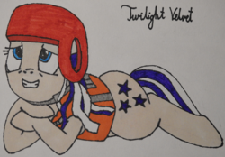 Size: 4512x3144 | Tagged: safe, artist:awgear, twilight velvet, pony, g4, once upon a zeppelin, blue eyes, female, helmet, lifejacket, looking up, mother's day, smiling, solo, wet mane, white coat