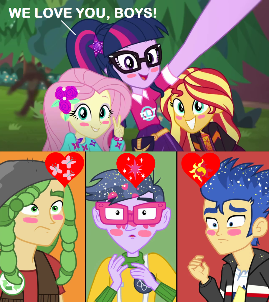 fluttershy, microchips, sandalwood, sci-twi, sunset shimmer, twilight spark...