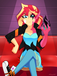 Size: 2448x3264 | Tagged: safe, artist:xan-gelx, sunset shimmer, human, equestria girls, g4, badass, clothes, converse, couch, crossed legs, dark magic, eye scar, female, glowing hands, hell-fire generation, high res, jacket, looking at you, magic, pants, partial transformation, scar, sexy, shoes, sitting, sneakers, solo, sunset satan, teenager