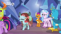 Size: 1280x720 | Tagged: safe, screencap, gallus, ocellus, silverstream, smolder, thorax, twilight sparkle, yona, alicorn, changedling, changeling, classical hippogriff, dragon, griffon, hippogriff, pony, yak, g4, uprooted, bow, cloven hooves, colored hooves, discovery family logo, dragoness, female, hair bow, jewelry, king thorax, male, monkey swings, necklace, sad, twilight sparkle (alicorn)