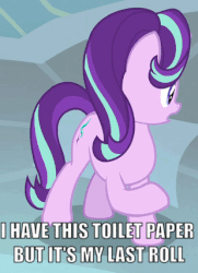 Size: 309x427 | Tagged: safe, edit, edited screencap, screencap, discord, starlight glimmer, pony, unicorn, a matter of principals, g4, animated, caption, cartoon physics, cropped, dialogue, hammerspace, image macro, offscreen character, pure unfiltered evil, scroll, solo focus, text