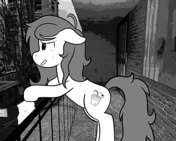 Size: 1280x1024 | Tagged: safe, artist:scraggleman, wallflower blush, pony, g4, balcony, crying, female, floppy ears, monochrome, paper, solo, story included, story:lost and found