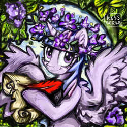 Size: 600x600 | Tagged: safe, artist:kassberke, twilight sparkle, alicorn, pony, g4, female, floral head wreath, flower, letter, quill, solo, twilight sparkle (alicorn), violet (flower)