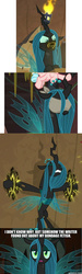 Size: 597x2000 | Tagged: safe, edit, edited screencap, screencap, cozy glow, queen chrysalis, changeling, changeling queen, pegasus, pony, frenemies (episode), g4, blindfold, bondage, caption, comic, female, filly, gag, image macro, majestic as fuck, restrained, screencap comic, solo focus, struggle, struggling, text