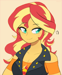 Size: 914x1097 | Tagged: safe, artist:maren, sunset shimmer, equestria girls, equestria girls series, g4, breasts, bust, cleavage, clothes, cute, cutie mark on clothes, female, shimmerbetes, simple background, smiley face, smiling, solo, yellow background