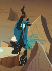 Size: 215x293 | Tagged: safe, screencap, queen chrysalis, changeling, changeling queen, frenemies (episode), g4, concave belly, cropped, cupcake, cute, cutealis, dessert, eating, female, food, lanky, skinny, solo, tall, thin