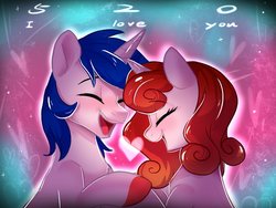 Size: 1000x750 | Tagged: safe, artist:oofycolorful, oc, oc only, pony, unicorn, 520, abstract background, commission, couple, duo, eye clipping through hair, female, heart, holding hooves, laughing, love, male, mare, stallion