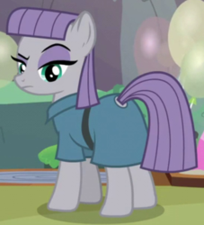 Size: 545x600 | Tagged: safe, screencap, maud pie, earth pony, pony, student counsel, animation error, butt, clothes, cropped, dress, female, looking at you, looking back, looking back at you, mare, maud pie is not amused, missing ear, plot, raised eyebrow, solo, tail hole, unamused