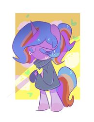 Size: 640x826 | Tagged: safe, artist:oofycolorful, oc, oc only, oc:oofy colorful, unicorn, anthro, unguligrade anthro, clothes, crying, food, heart, lemon, simple background, sweater, teary eyes