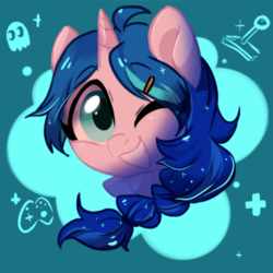 Size: 663x662 | Tagged: safe, artist:oofycolorful, oc, oc only, ghost, pony, unicorn, blue background, braid, commission, controller, one eye closed, simple background, solo, wink
