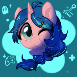 Size: 663x662 | Tagged: safe, artist:oofycolorful, oc, oc only, ghost, pony, unicorn, blue background, braid, commission, controller, eye clipping through hair, one eye closed, simple background, solo, wink