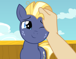 Size: 2500x1950 | Tagged: safe, artist:badumsquish, derpibooru exclusive, star tracker, earth pony, human, pony, g4, once upon a zeppelin, season 7, cute, freckles, hand, human on pony petting, male, offscreen character, offscreen human, one eye closed, petting, pov, show accurate, sky, smiling, solo, stallion, trackerbetes, wink