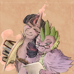 Size: 1000x1000 | Tagged: safe, artist:magentell, spike, twilight sparkle, alicorn, dragon, pony, g4, blushing, book, chest fluff, duo, eyes closed, female, glasses, hug, levitation, lidded eyes, magic, male, nuzzling, parchment, quill, ship:twispike, shipping, slit pupils, straight, telekinesis, twilight sparkle (alicorn), winged spike, winghug, wings, writing
