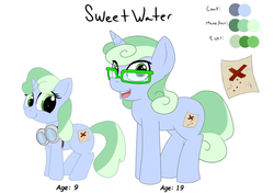 Size: 1121x788 | Tagged: safe, artist:augustbebel, artist:dandybound, artist:plinko, oc, oc:sweetwater, pony, unicorn, age difference, female, filly, glasses, goggles, mare, reference sheet