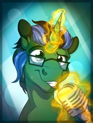 Size: 3000x4000 | Tagged: safe, artist:lupiarts, oc, oc only, pony, unicorn, commission, glasses, glowing horn, horn, levitation, magic, male, microphone, solo, telekinesis