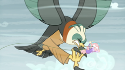 Size: 1920x1080 | Tagged: safe, screencap, cozy glow, queen chrysalis, bird, pegasus, pony, roc, frenemies (episode), g4, disguise, disguised changeling, fastball special, female, filly